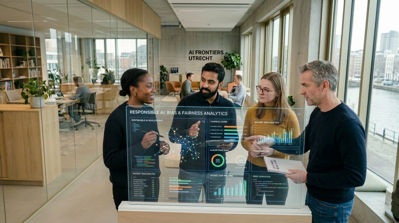 AI Fronteers at work in the Utrecht studio, four people around a data display.